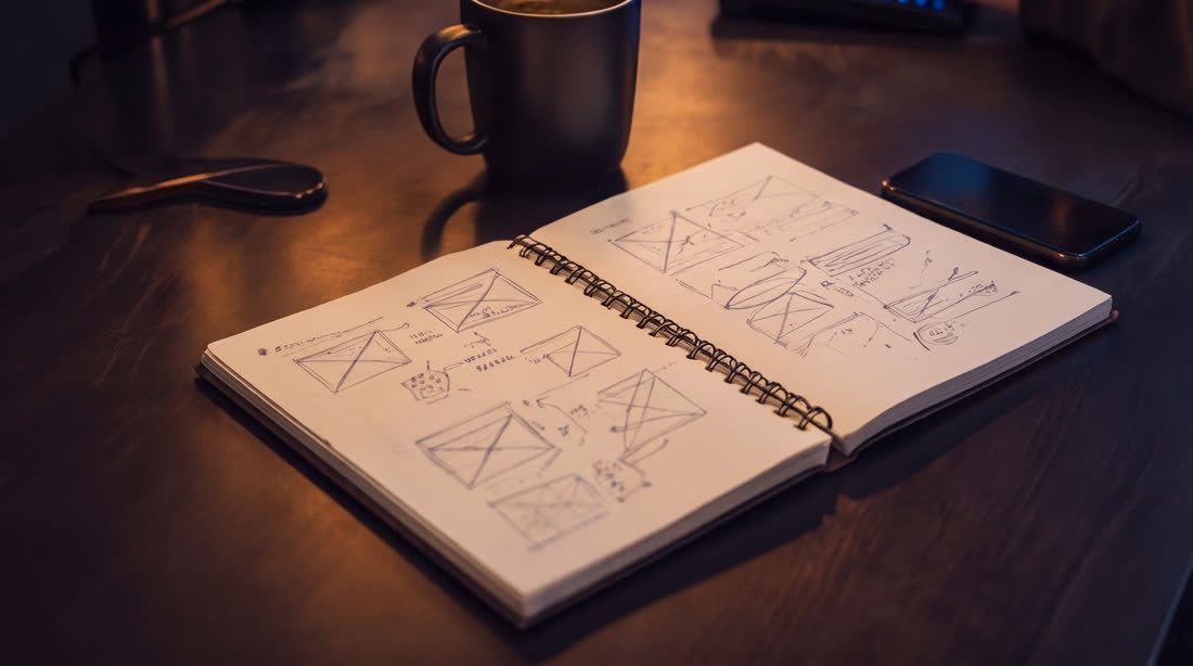 Caderno com wireframes desenhados à mão sobre a mesa